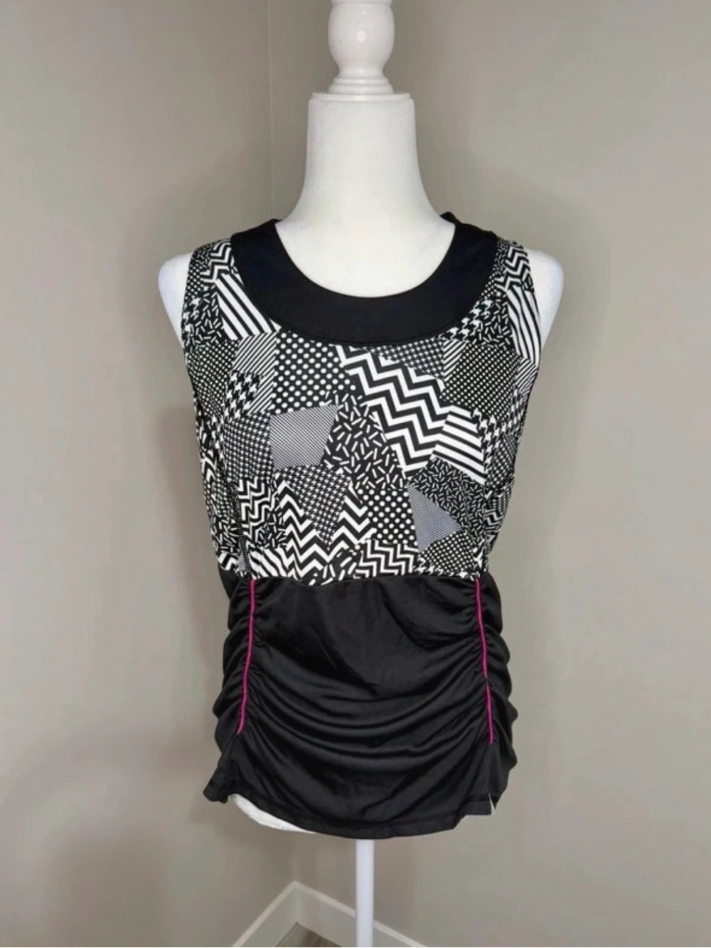 Sleeveless Black & White Patchwork Print Tank with Pink Trim